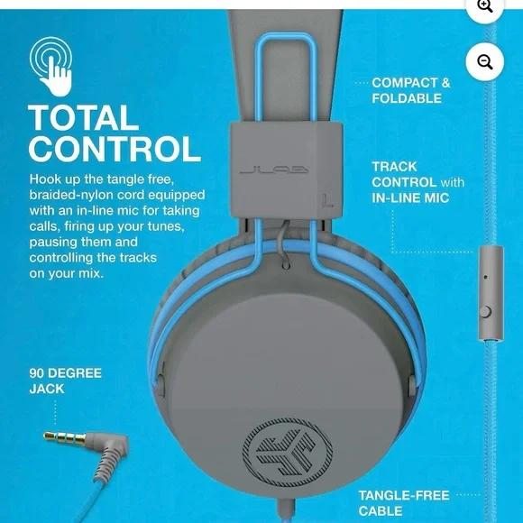 JLab JBuddies Studio On-Ear Kids Gray/Blue Wired Headphones Folding Adjustable - Picture 3 of 8